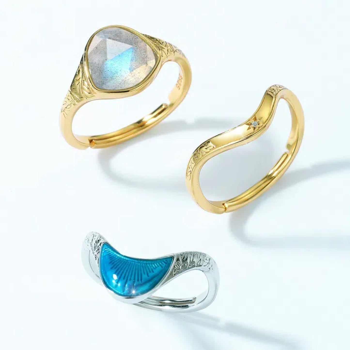 Sun, Moon & Star – Adjustable Celestial Rings with Labradorite