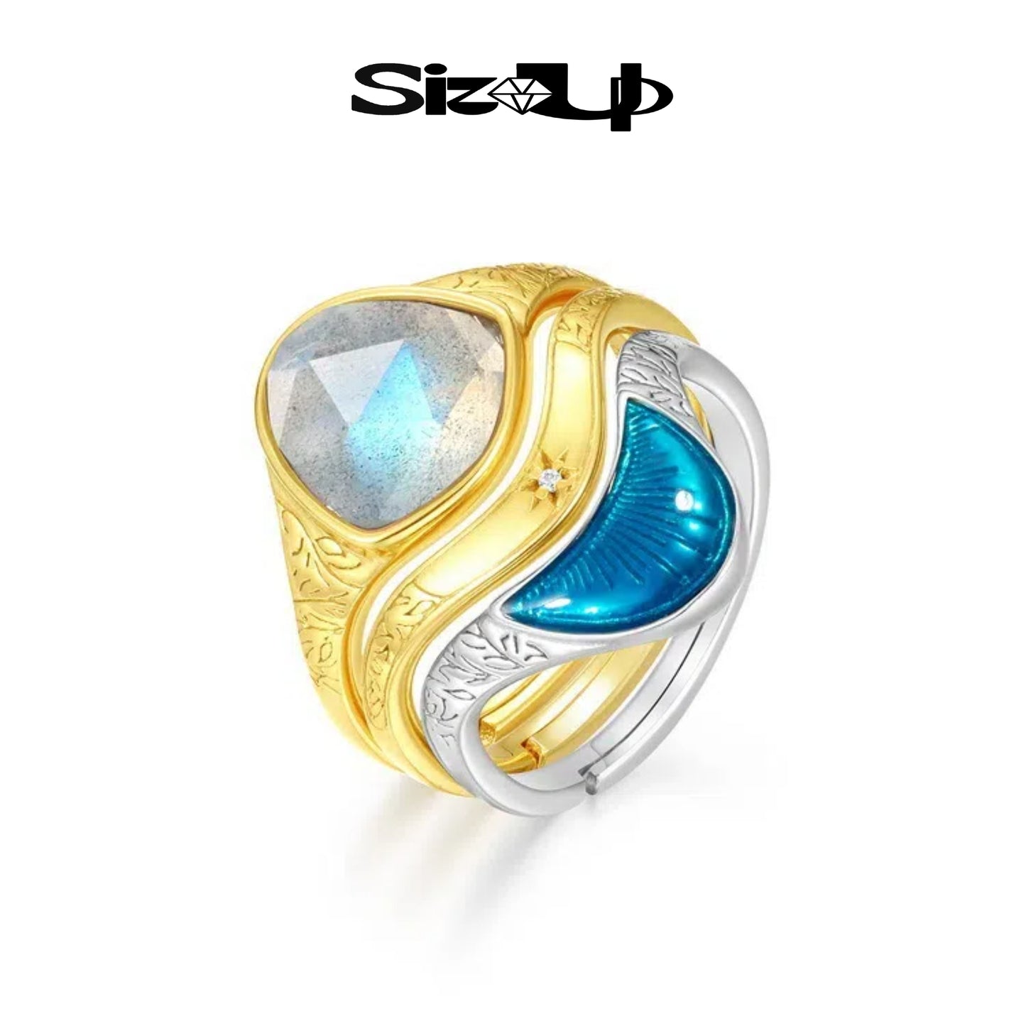 Sun, Moon & Star – Adjustable Celestial Rings with Labradorite