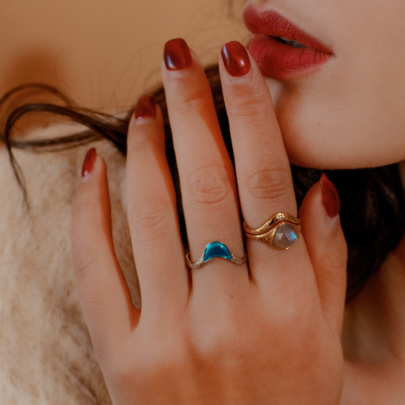 Sun, Moon & Star – Adjustable Celestial Rings with Labradorite